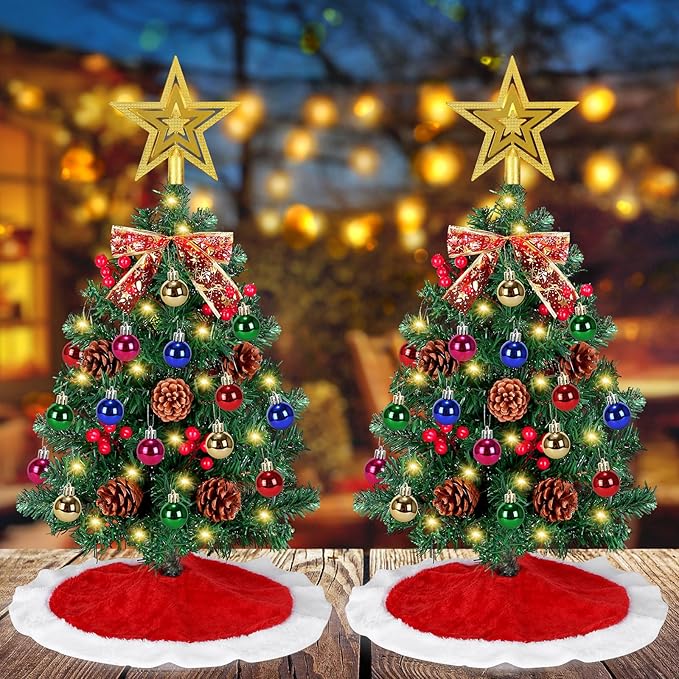 24 Inch Small Tabletop Christmas Tree with Tree Skirt, Christmas Pine Tree with 50 LED Lights, Star Treetop and Ornaments, Artificial Mini Christmas Tree Home Table Christmas Decorations