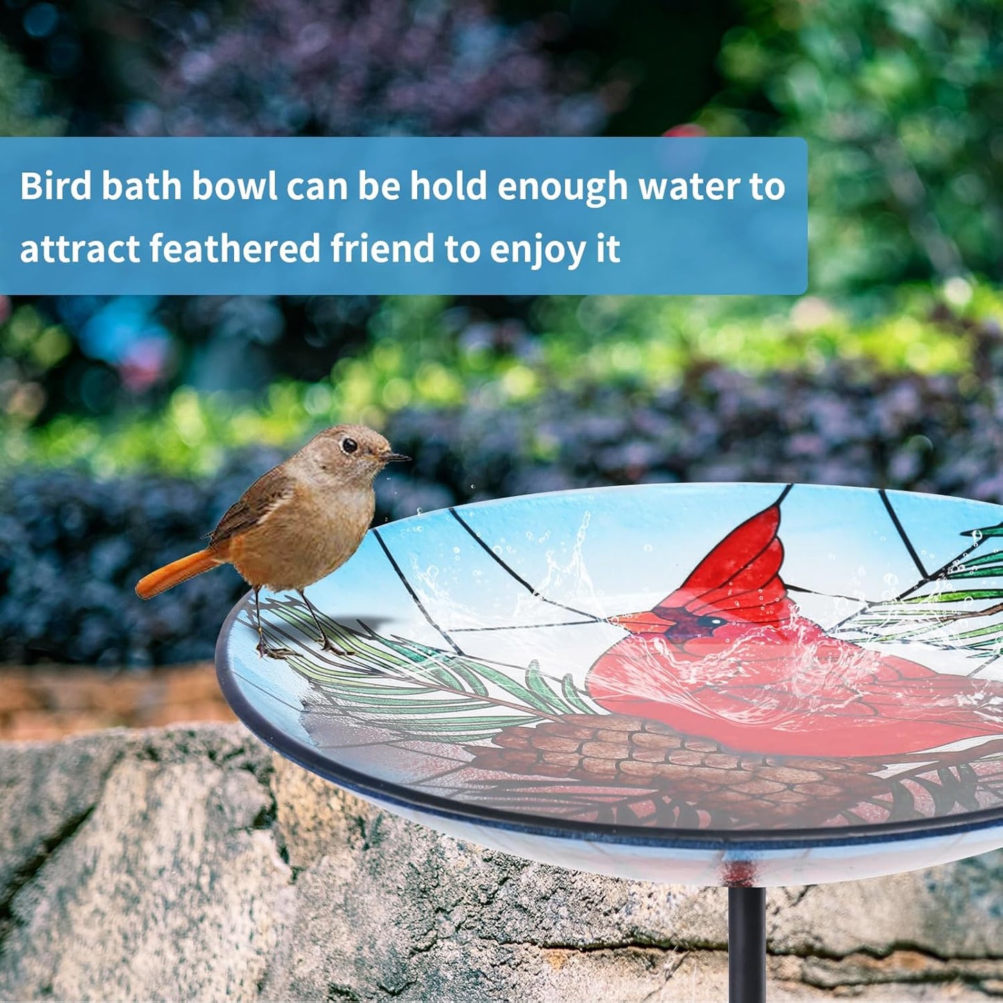MUMTOP Glass Bird Bath, Garden Outdoor Birdbaths Birdfeeder with Metal Stake Red Cardinal