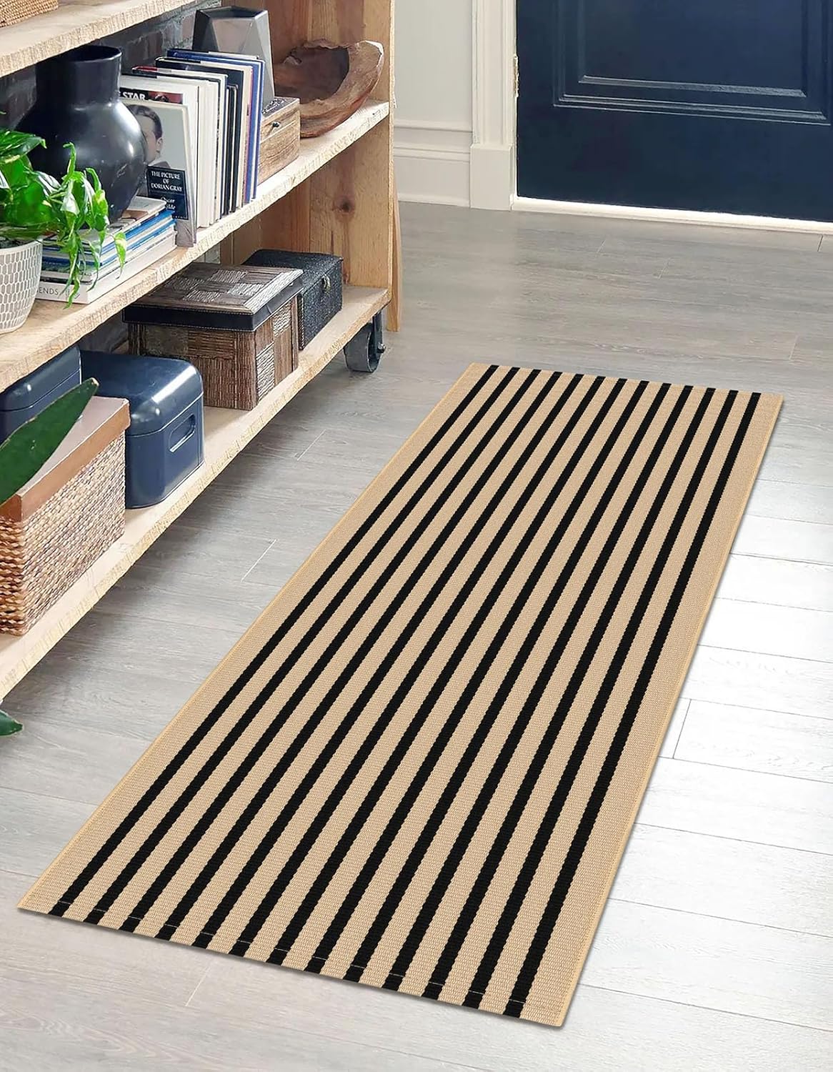 IOHOUZE Striped Area Rug 2'x4.3' Front Door Rugs Small Washable Area Rug for Front Porch, Spring Summer Welcome Door Mats Outdoor Indoor, Doormat for Entryway Porch Entrance, Tan/Black