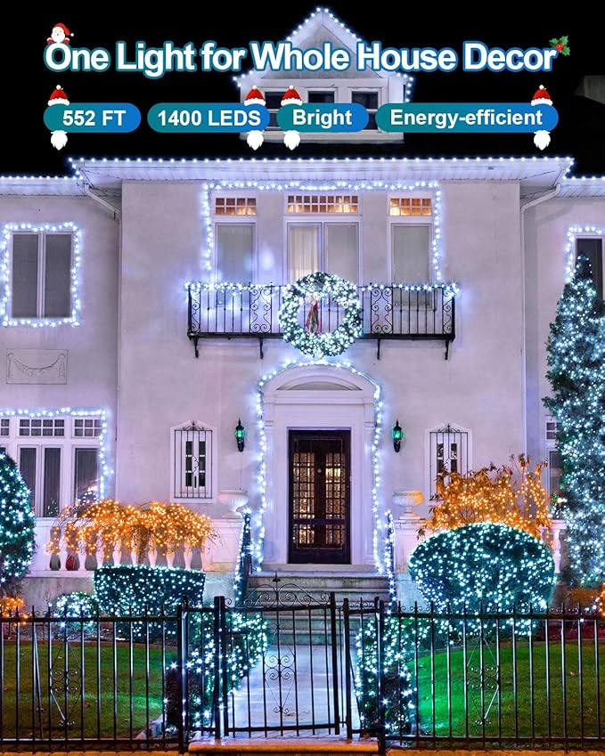 552FT 1400 LED Christmas Lights, Extra Long Outdoor String Lights Waterproof, Timer & Memory, 8 Modes Dimmable Plug in Fairy for Outside Tree Wedding Patry Cool White