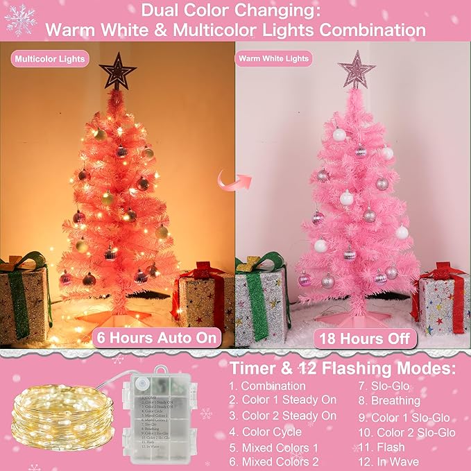 3 Feet Pink Premium Christmas Tree 12 Modes Dual Color Change Timer DIY 50 Warm White & Multicolor Lights Star 15 Ball Ornaments Battery Operated Small Artificial Full Xmas Tree Table Home Indoor