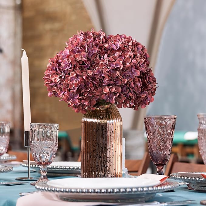 Artificial Flower Fake Silk Hydrangea Heads Bouquet with Stems Bulk for Fall Decoration Table Center Christmas Indoor Outdoor Faux Floral Realistic with Leaves Plants Crafts 8PCS(Rose red)