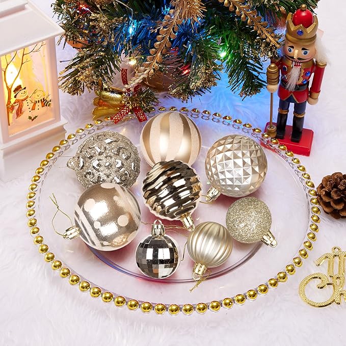 100PCS Christmas Ball Ornaments, Assorted Shatterproof Christmas Tree Decorations, Seasonal Decorative Hanging Baubles Decor Set for Xmas/Holiday/Party, Glitter&Painting Ornament Set (Champagne)