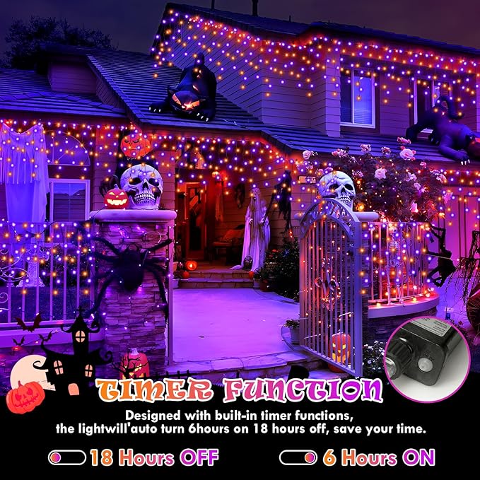 Heceltt Halloween Lights Outdoor Decorations, 640 LED 66FT Orange and Purple Light, 8 Modes Plug in 120 Drops Ice String Lights with Timer Memory Function Hanging Light for Halloween Party Decor