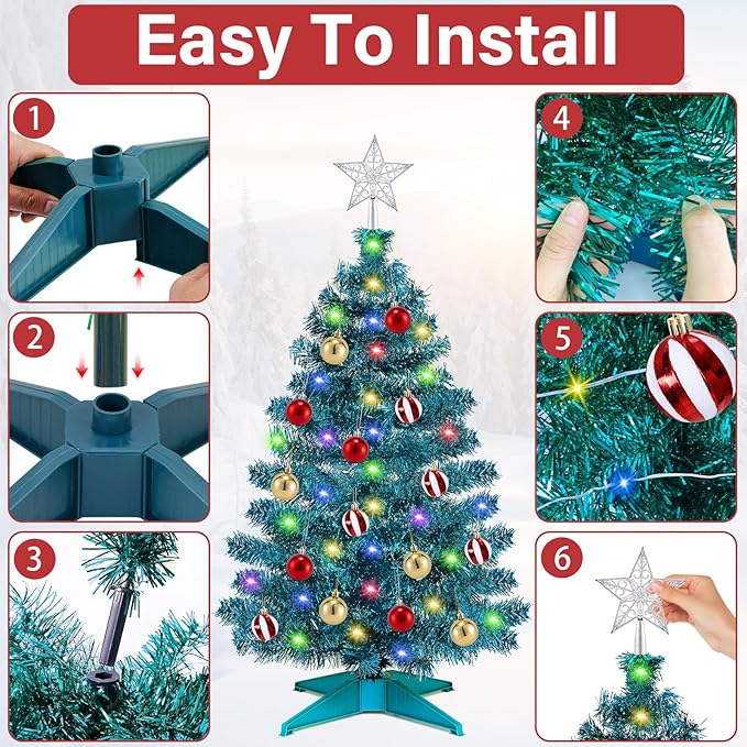 [ 12 Modes & Timer ] 3 Ft Blue Christmas Tree with 50 LED Lights, 15 Hanging Balls, 3D Star Topper Battery Operated Prelit Small Christmas Tree Indoor Home Table Holiday Xmas Christmas Decorations