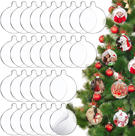100 Pack Clear Ornaments with Red Ribbon - Blank Round Acrylic Christmas Baubles for Tree Decoration and Crafts (3 Inches)
