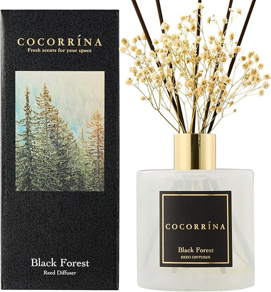 COCORRÍNA Reed Diffuser - Black Forest 17 Fl.oz Reed Diffuser with 8 Sticks Scented Diffuser with Preserved Flowers for Bathroom Home Decor