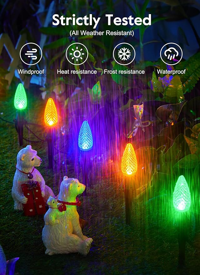 Brightown C9 Christmas Lights Outdoor, 25.7 Ft Strawberry C9 Christmas Pathway Lights with 20 LED Bulbs and Stakes, Christmas Decorations Outside Walkway Sidewalk Holiday, Multicolor