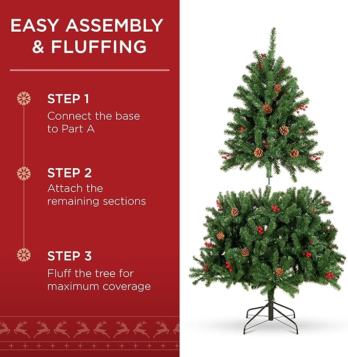 Best Choice Products 4.5ft Pre-Lit Pre-Decorated Spruce Hinged Artificial Christmas Tree w/ 398 Tips, Pinecones, Berries, 150 Lights, Metal Base