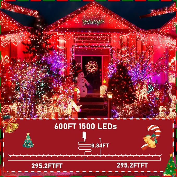 KNONEW 600ft 1500 LED String Lights Outdoor Christmas Lights 8 Modes & Timer Fairy Light Plug in Waterproof LED String Lights for Xmas Yard Tree Wedding Party Holiday Decorations (Red)