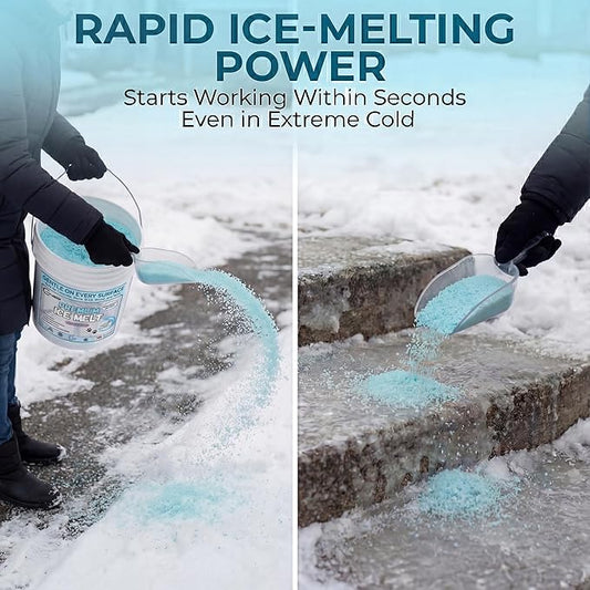 Pet-Friendly Ice Melt - Fast-Acting Magnesium Chloride Formula, Safer for Pets & Surfaces, 45lb Bucket with Scoop