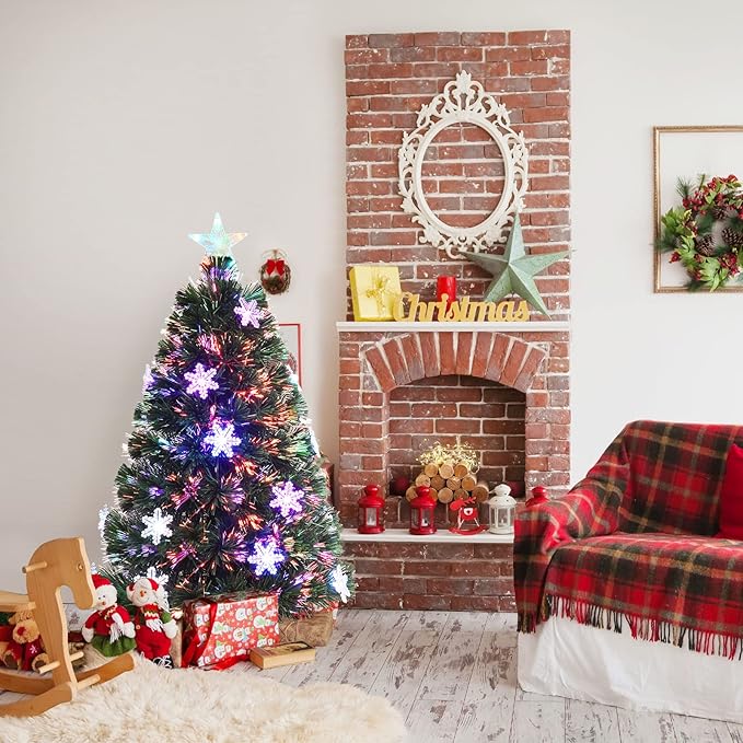 HAPPYGRILL 3FT Pre-lit Fiber Optic Christmas Tree Artificial Xmas Tree Green Christmas Tree with Star Lights, Metal Stand, Full Xmas Tree for Holiday Decoration