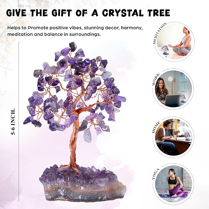 Crocon Amethyst Crystal Tree with Cluster Base Tree of Life Decor for Shelf, Bedroom, Birthday Gifts for Women, Sister Gift, Birthday Gifts for Mom, Cute Home Office Decor Purple Housewarming Present