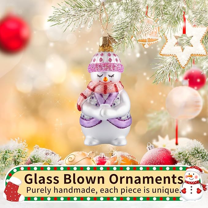Snowman Christmas Ornaments,Blown Glass Ornaments for Christmas Tree,Purple Shy Snowman Collection Figurine Hanging Ornament,Christmas Decorations for Xmas Tree Holiday Party Daily Gifts