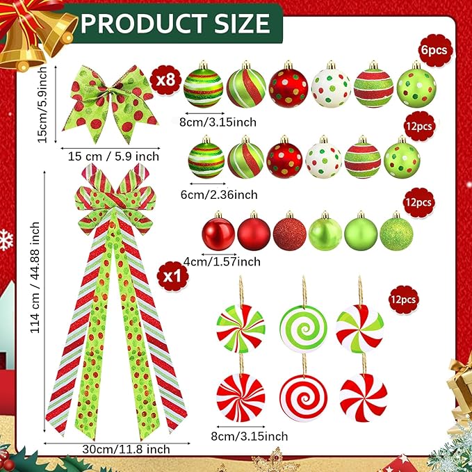 Christmas Tree Decorations Set,Christmas Ball Ornaments Glittering Plastic Hanging Decorations Elf Balls,Large Tree Topper Wreath Bow,Candy Peppermint Wood Ornaments (Red and Lime Green)