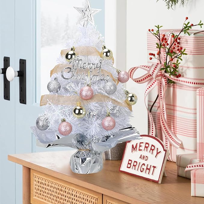 Small Mini Table top Christmas Tree with 50 LED Lights 24 Inch /2FT Little Prelit Christmas Tree Decorated Gift Boxes and Hanging Ornaments for DIY Christmas Decoration