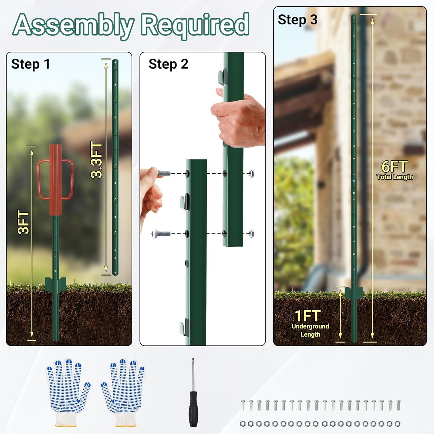 Fence Posts 6 Ft - 16 Pack, Requires Manual Assembly, Heavy Duty Metal Fence Post, No Dig U Post for Farm, Garden, Orchard and Outdoor Wire Fencing (Green)