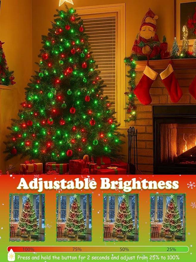 2 Pack Christmas String Lights Indoor Outdoor, Super Bright 66FT 200 LED String Lights Waterproof, 13 Modes Twinkle Xmas Lights with Timer for Christmas Tree Decorations (Red and Green)