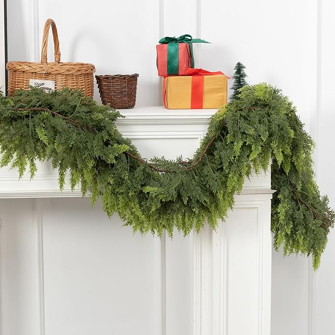 6 FT Real Touch Christmas Garland for Holiday Indoor Outdoor Decor,Cedar Garland,Cypress Garlands,Real Touch Pine Garlands,Thick and Lush for Home Dining Table Mantel Porch Christmas Decor. ﻿