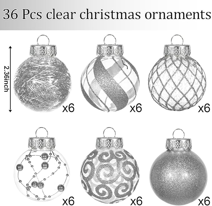 Ouddy Decor 36 Pcs Clear Christmas Ball Ornaments, 2.36" Shatterproof Silver Plastic Christmas Ornaments Set Decorative Hanging Transparent Baubles for Xmas Tree Holiday Party Decor, Silver