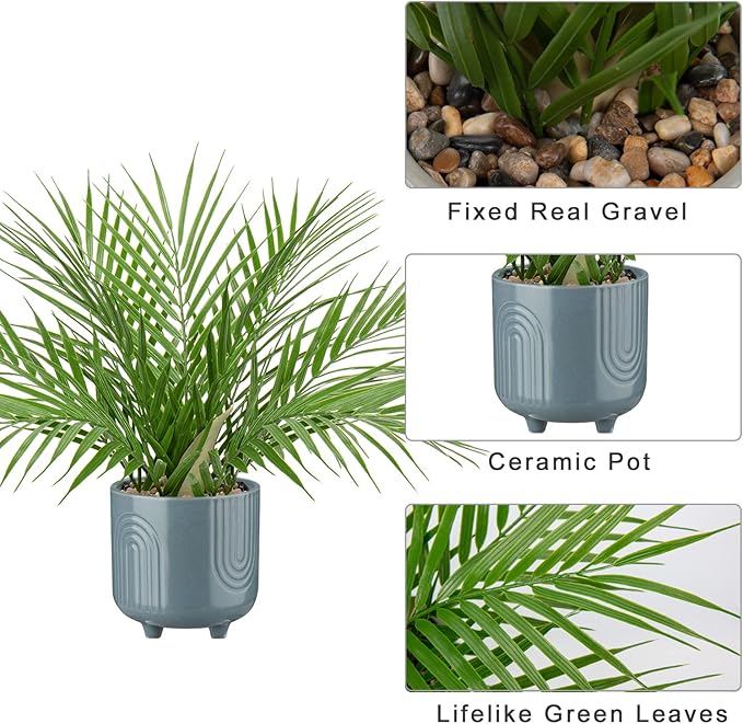 Hollyone Large Artificial Potted Plants Fake Palm Plants 16" Faux Green Plant Tropical Palm Tree in Blue Ceramic Pots for Home Room Office House Indoor Decoration
