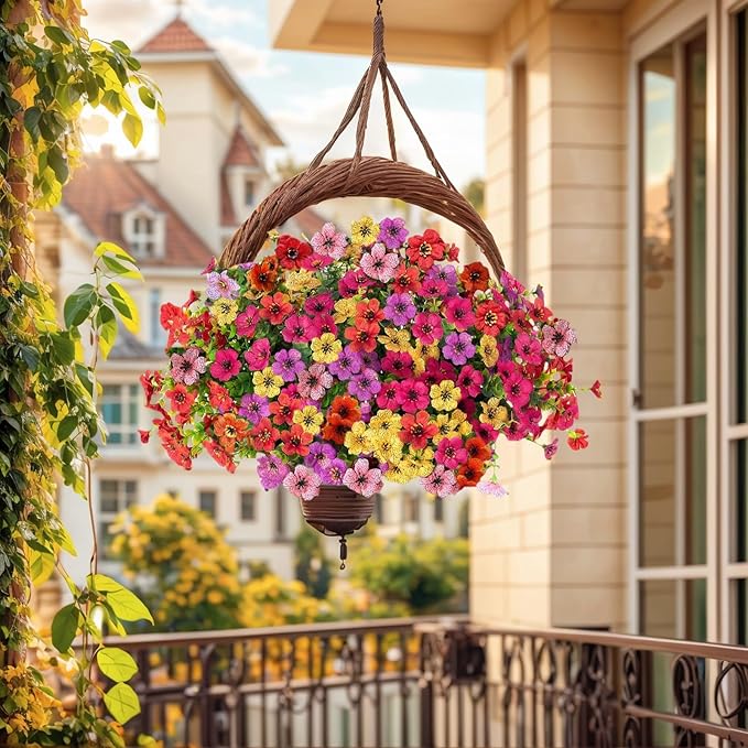 SHIAWASENA Realistic Outdoor Fake Plants Flowers, Artificial Flowers, UV Resistant, 12 Bundles Faux Silk Colorful Violet Flowers Bouquet with Eucalyptus