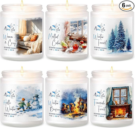 Winter Candle Set | 6 Pack Christmas Scented Candles for Home - Holiday Soy Candle Gift Set for Women Men, Home Decor, Aromatherapy Candles Scents of Hello Winter/Forest/Cider/Warm/Fireside/Bonfire