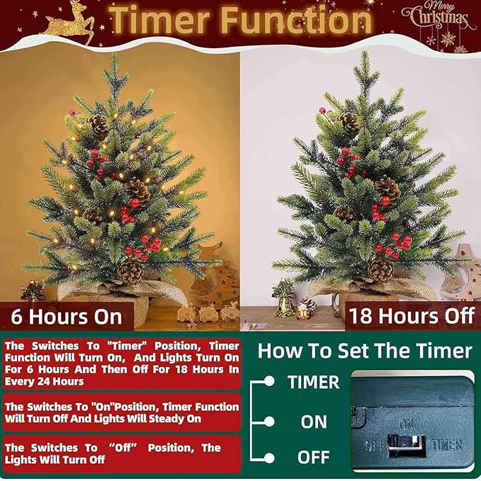 24"/2FT Tabletop Christmas Tree, Realistic-Feel Thick Artificial Mini Christmas Trees Small Christmas Tree with Lights Timer 56 Norfolk Pine Tip Pinecone Berry Burlap Base Christmas Decorations Indoor
