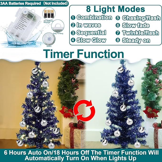 TURNMEON 3 Ft Christmas Hanukkah Tree with Lights Timer 15 DIY Ball Ornament Star Blue Small Tinsel Tree Battery Operated Christmas Artificial 8 Modes Xmas Hanukkah Decorations Home Indoor Holiday