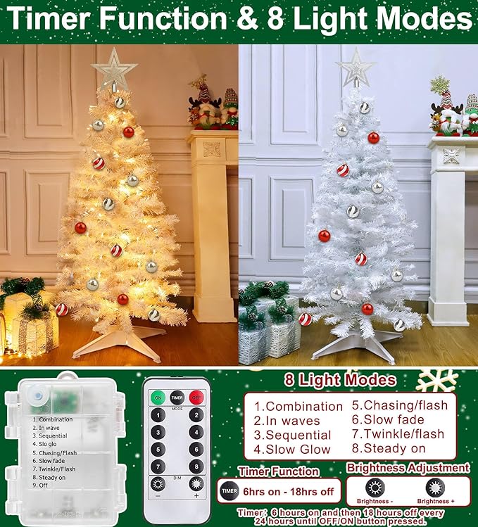 4 Ft White Christmas Tree with Timer Remote Control 8 Mode 100 Warm White Light 18 DIY Ball Ornaments 3D Star Battery Operated Small Xmas Tree Table Indoor Holiday Decor