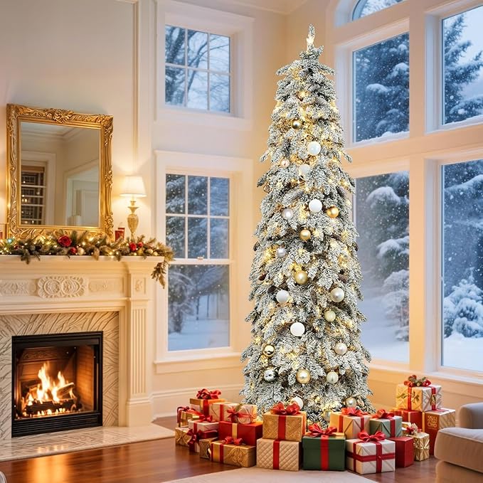 GOOBED 7.5ft Pre-Lit Flocked Drooping Pencil Spruce Christmas Tree with Pine Cones, Layered Spruce Design with Remote, 800 Branch Tips and 350 Lights for Home or Office, White Flocking