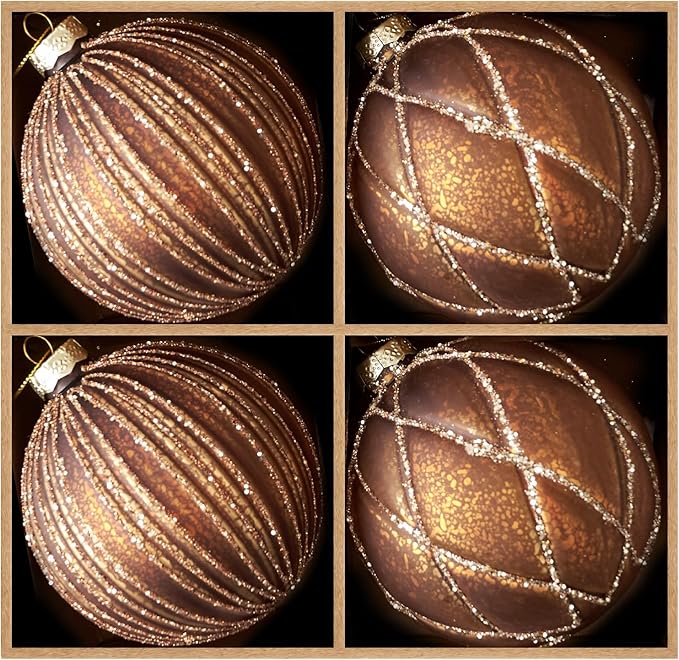 DN DECONATION 4PCS Christmas Ball Ornaments – 4” Brown Glass Hanging Ball Ornaments Set for Christmas Tree with Shimmering Gold Lines, Winter Decor Holiday Decorations Xmas Gifts