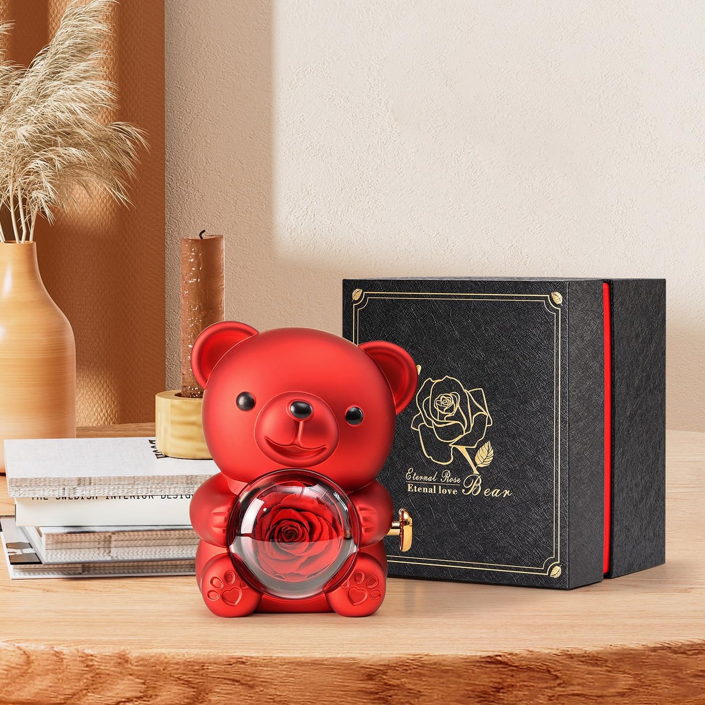 Cute Teddy Bear with Preserved Rose - A Real Rose Flower in Bear with Elegant Gift Box - Romantic Gift for Her in Mother's Day, Weddings, Anniversaries, and Bridal Showers (Red)