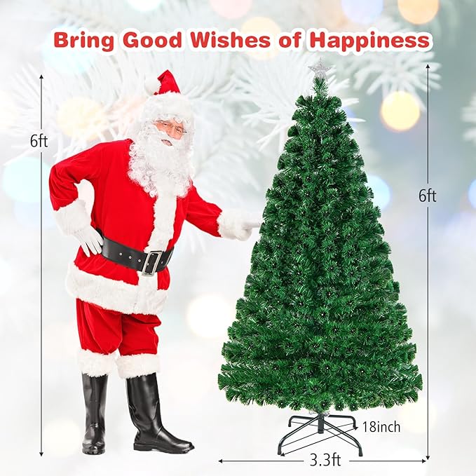 HAPPYGRILL 6FT Pre-Lit Fiber Optic Christmas Tree with Colorful LED Lights, 8 Lighting Modes, 230 Branch Tips, Foldable Metal Base, Pre-Lit Xmas Full Tree Decor for Office Home