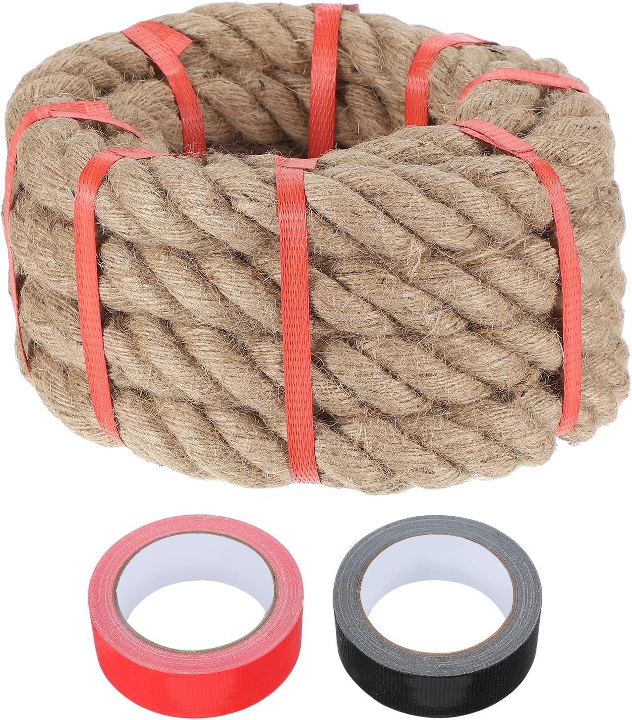 MECCANIXITY Jute Rope 1.2 Inch x 15ft, Thick Twine Rope Ropes Braided Jute Twine Natural Brown Burlap Cord String Heavy Twisted with Tapes for Decorative Crafts Railing Swing Tug of War