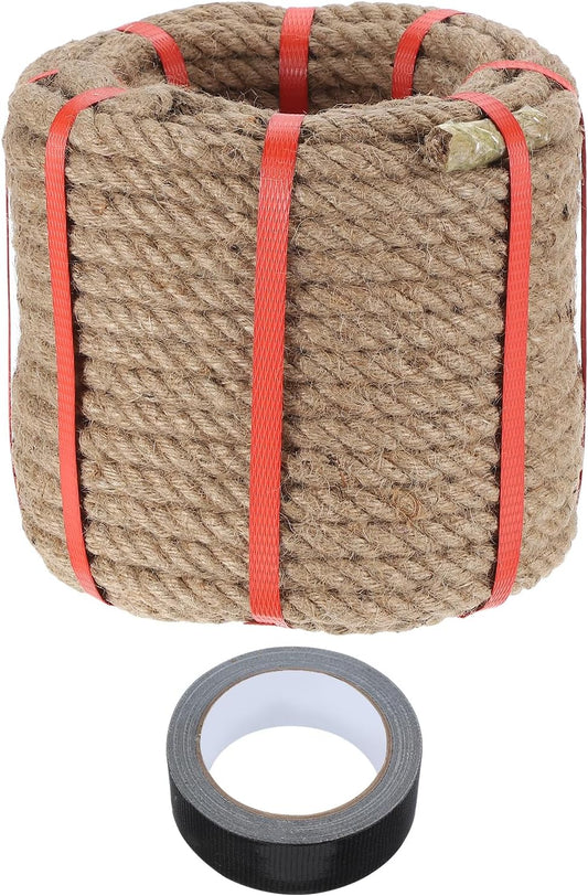MECCANIXITY Jute Rope 0.55 Inch x 98ft, Thick Twine Rope Ropes Braided Jute Twine Natural Brown Burlap Cord String Heavy Twisted with Tape for Decorative Crafts Railing Swing Tug of War