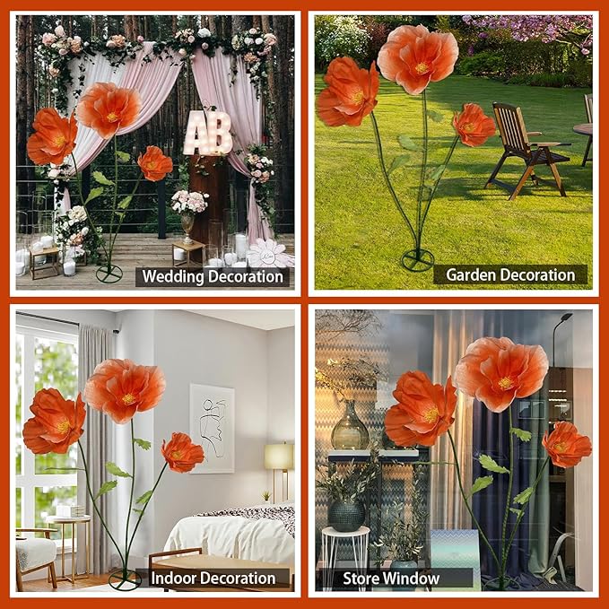 3pc Large Paper Artificial Flowers, Giant Flower for Decoration,Standing Huge Handcrafted Flowers for Garden, Hotel, Office, Photography Props, Wedding,Art Gallery, Shop Window Display (Orange)