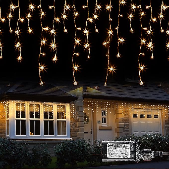 Dazzle Bright 360 LED Christmas Icicle Lights, 29.5 FT 8 Modes Curtain Fairy Lights with 60 Drops, Connectable Xmas String Lights for Outside Holiday Wedding Party Decorations (Warm White)