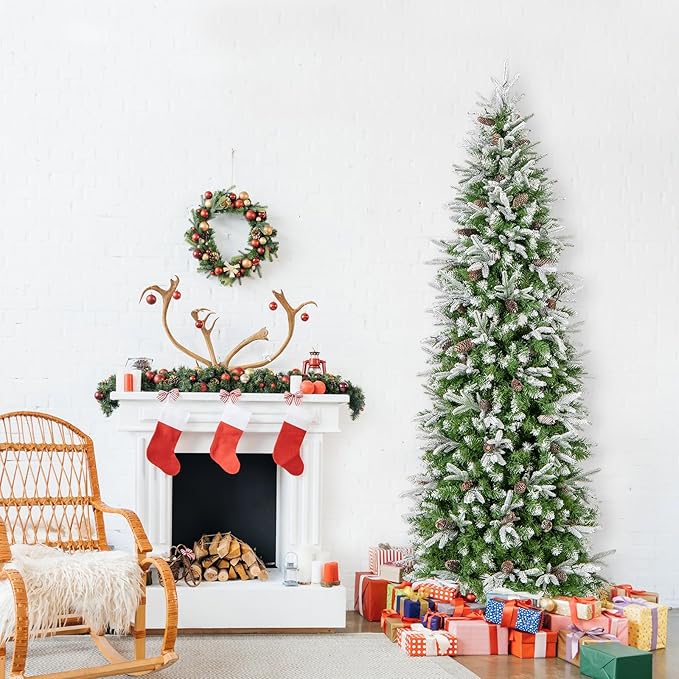 GOFLAME 7.5 FT Pre-Lit Pencil Christmas Tree Snow Flocked, Slim Artificial Xmas Tree with 913 Branch Tips, 350 LED Lights, 75 Natural Pine Cones, Hinged Holiday Decoration Tree for Home Office