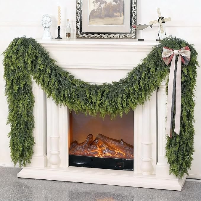 9FT Real Touch Cedar Garland - Artificial Christmas Garland Fake Green Faux Thick and Lush Pine Needles Garlands for Table Fireplace Mantle Holiday Home Indoor Outdoor Decor (1PCS)