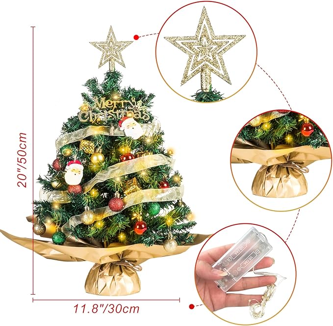 20" Mini Christmas Tree, Artificial Mini Christmas Tree with Lights, Tabletop Christmas Tree with Star Treetop Pinecones Boxes and Ball Ornaments for DIY Christmas Decoration (Green&Red)