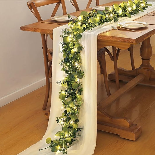 Dolicer 4 Packs 6FT Artificial Eucalyptus Garland with LED Light String, Faux Greenery Garland Hanging Fake Silver Dollar Eucalyptus Leaves Vines for Wedding Backdrop Arch Table Wall Party Home Decor