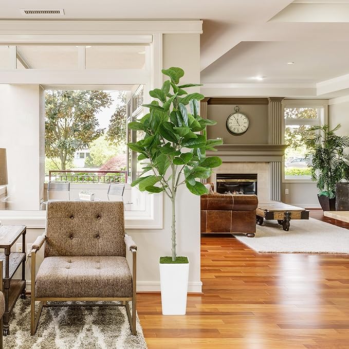 Artificial Fiddle Leaf Fig Tree 6ft - Realistic Tall Fake Plants for Office Home Living Room Bedroom Decor Indoor Outdoor - Green Large Silk Faux Floor Plant with Pot