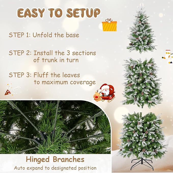 GOFLAME 7.5 FT Pre-Lit Pencil Christmas Tree Snow Flocked, Slim Artificial Xmas Tree with 913 Branch Tips, 350 LED Lights, 75 Natural Pine Cones, Hinged Holiday Decoration Tree for Home Office