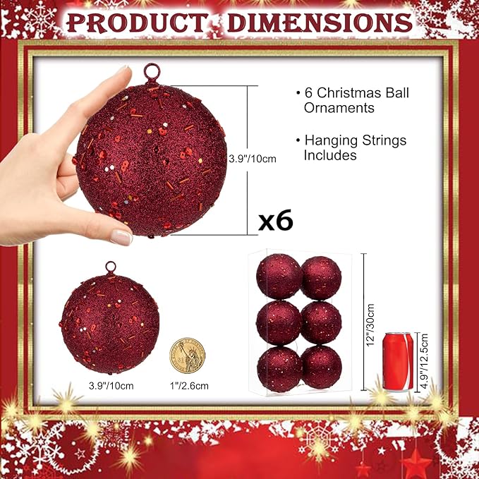 4" Large Christmas Balls Ornaments 6 Pcs Shatterproof Big Burgundy Red Christmas Ornaments for Xmas Tree Bulk Glitter Big Xmas Tree Ornament for Trees Halloween Holiday Wedding Party Decoration