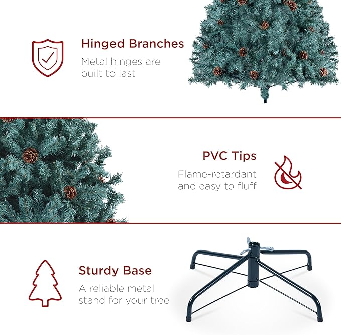 Best Choice Products 7.5ft Pre-Decorated Holiday Christmas Tree for Home, Office, Party Decoration w/1,348 Tips, Pinecones, Metal Base – Blue Spruce