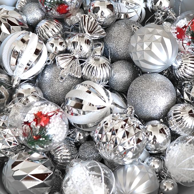 ILLUMINEW 111-Pack Christmas Balls Ornaments,Assorted Shatterproof Christmas Ornaments Set, Luxurious Hanging Pendants Package for Christmas Tree Party Holiday Indoor Decor (Silvery-111pcs)
