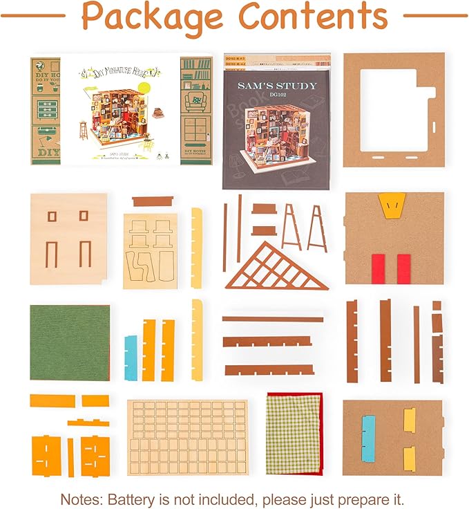 ROBOTIME DIY Miniature House Kit Miniature Dollhouse Kit Tiny House Kit for Adults Library House Kits Best Birthday Gifts for Teens(Sam's Study)