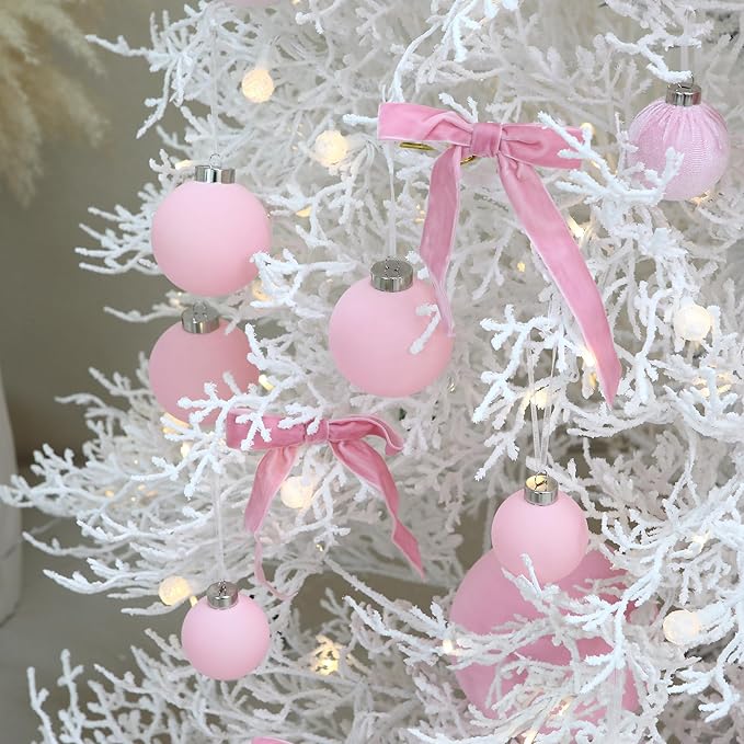 Sea Team 25-Pack Flocked Velvet Christmas Tree Ball Ornaments Set, Hanging Velour Baubles, Shatterproof Plastic Decorations for Xmas Tree, Wreath, Garland, 60mm/2.36 Inches, Pink