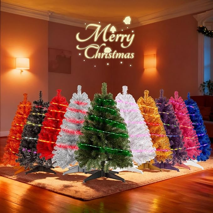 Pink 3ft Christmas Tree with Lights, Small 36inch Artificial Tree Mini Table Top Decorations, Xmas Desk Tree with 80 Colored Lights, 200 Branch, Holiday Decor for Home,Indoor Office Tabletop